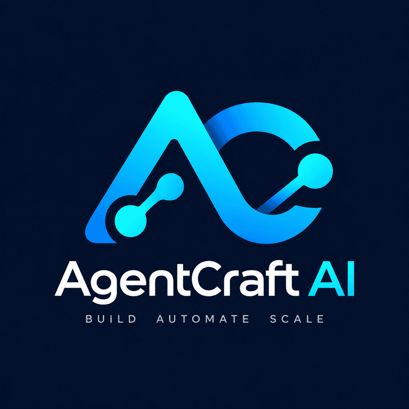 AgentCraft AI โลโก้ AC สีฟ้าไซแอนบนพื้นกรมท่า พร้อมข้อความ Build Automate Scale